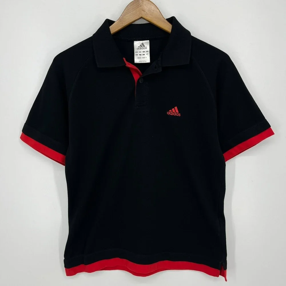 Adidas Polo Shirt Mens Asian Size S Black Red Embroidered Logo Short Sleeve